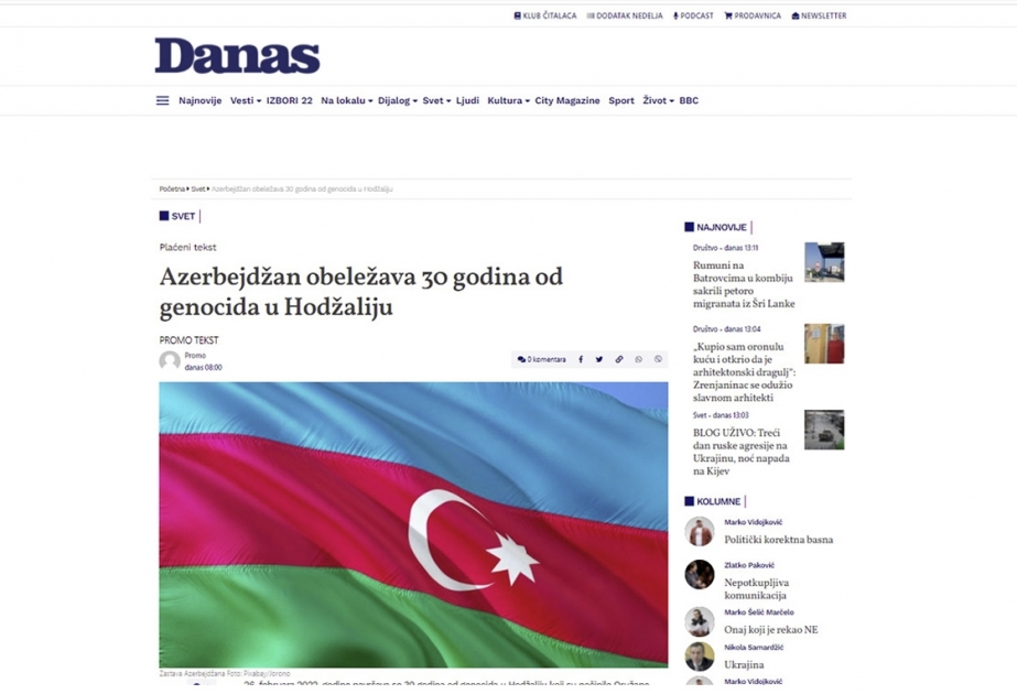 Serbiya portalında Xocalı soyqırımının 30-cu ildönümü ilə əlaqədar məqalə yayımlanıb