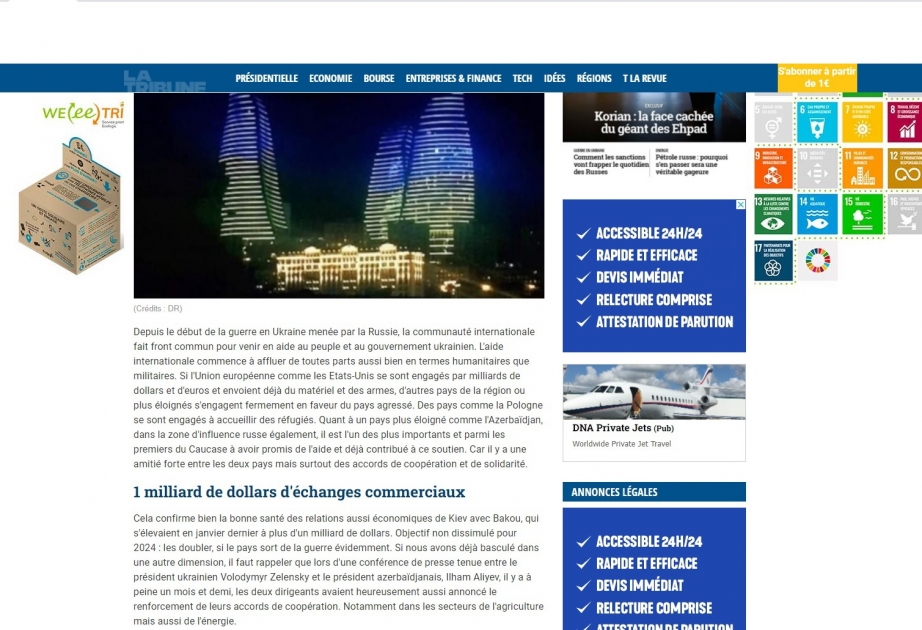 Un site français écrit du soutien de Bakou au peuple ukrainien