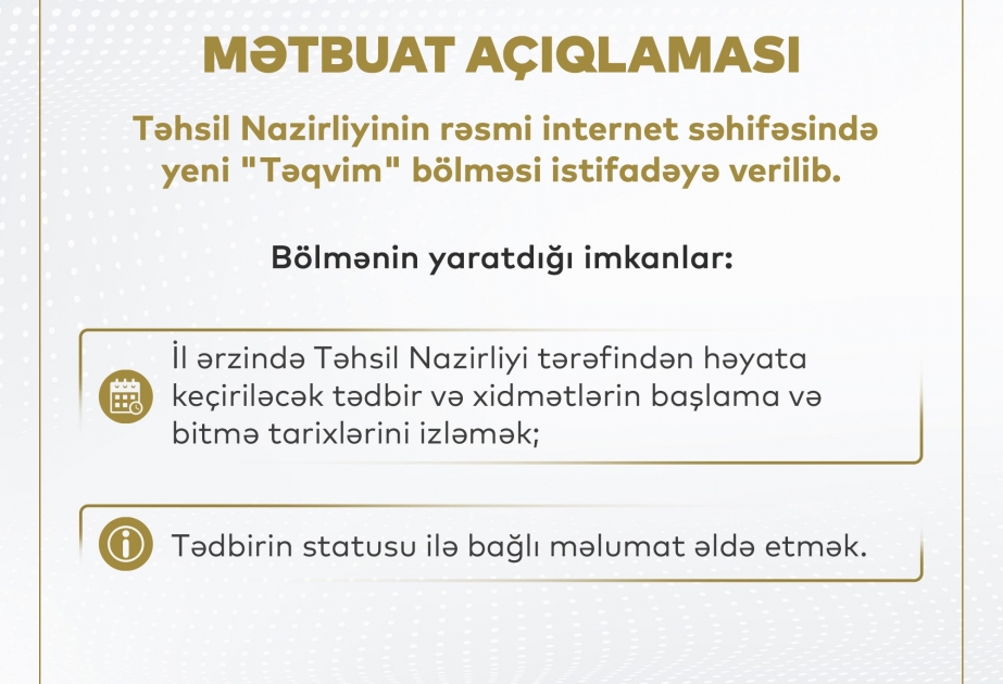 Təhsil Nazirliyinin rəsmi saytında yeni “Təqvim” bölməsi yaradılıb