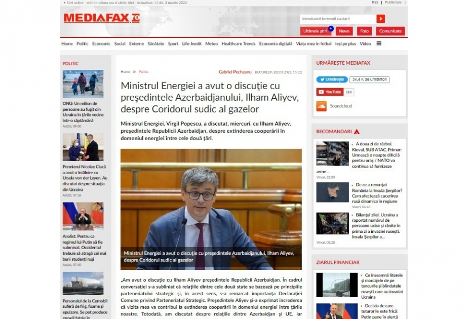 Romanian media highlights President Ilham Aliyev`s meeting with country`s Energy Minister