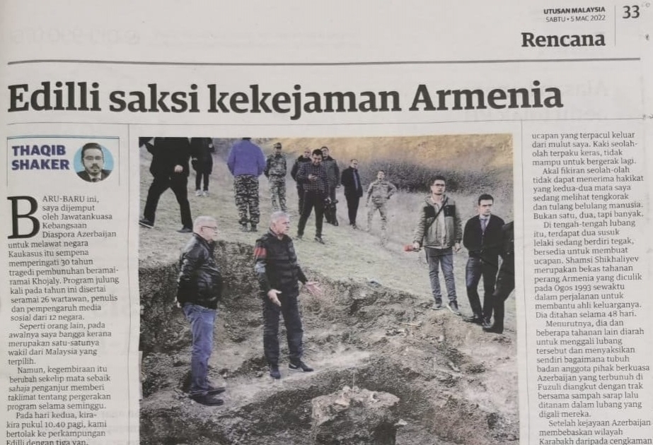 Malayziya qəzeti erməni vandallarının Xocavəndin Edilli kəndində törətdikləri vəhşiliklərdən yazıb
