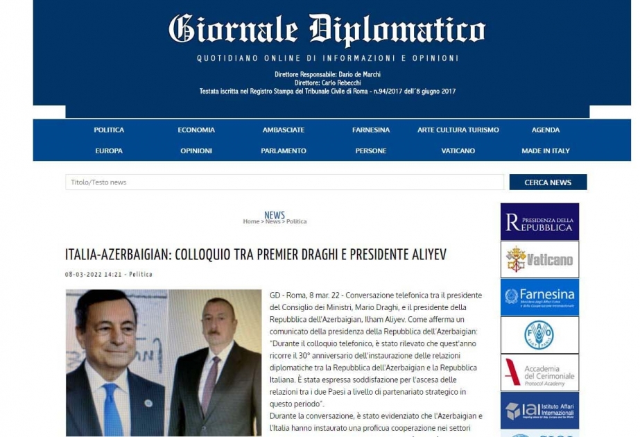 İtaliya Baş nazirinin Prezident İlham Əliyevə zəng etməsi İtaliya mətbuatının diqqət mərkəzindədir