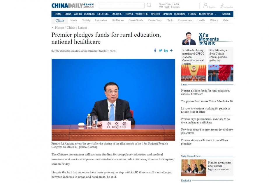 China Daily: Premier pledges funds for rural education, national healthcare