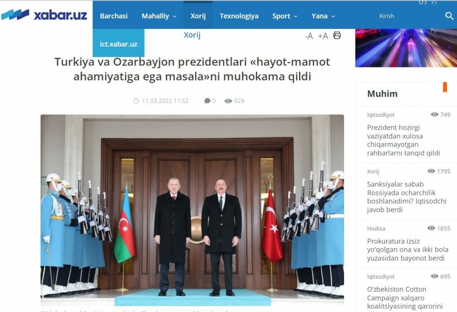 Uzbek news portals post articles on Azerbaijani President`s visit to Turkey