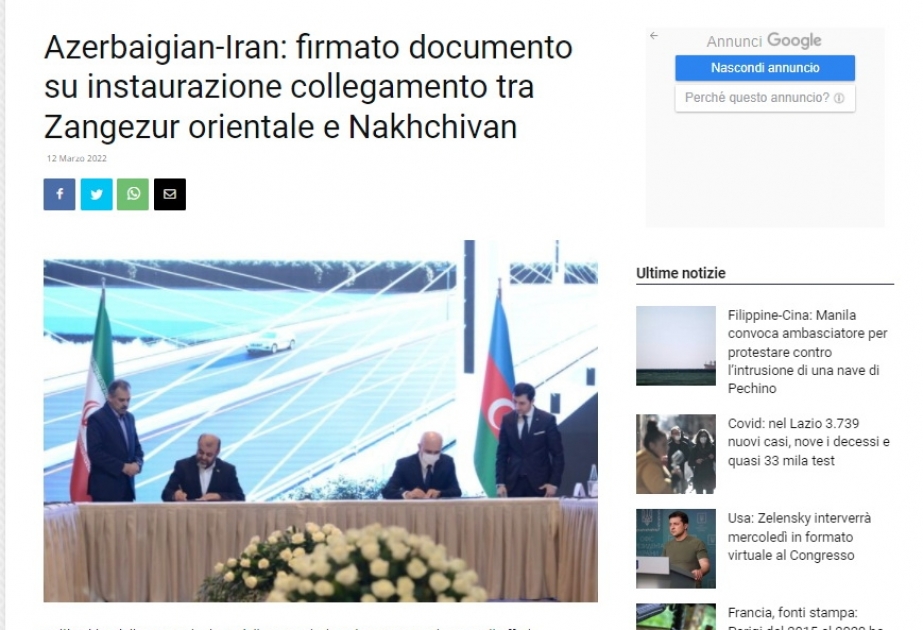 İtaliya saytları Şərqi Zəngəzur ilə Naxçıvan arasında yeni kommunikasiya bağlantısından yazıb