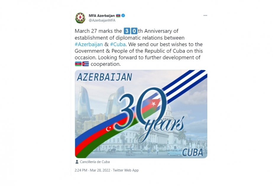 L’Azerbaïdjan et le Cuba célèbrent le 30e anniversaire de l’établissement de leurs relations diplomatiques