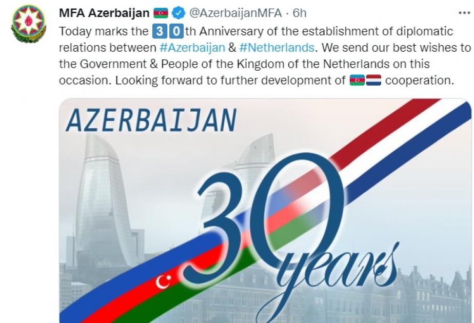 Azərbaycanla Niderland arasında diplomatik əlaqələrin qurulmasından otuz il ötür