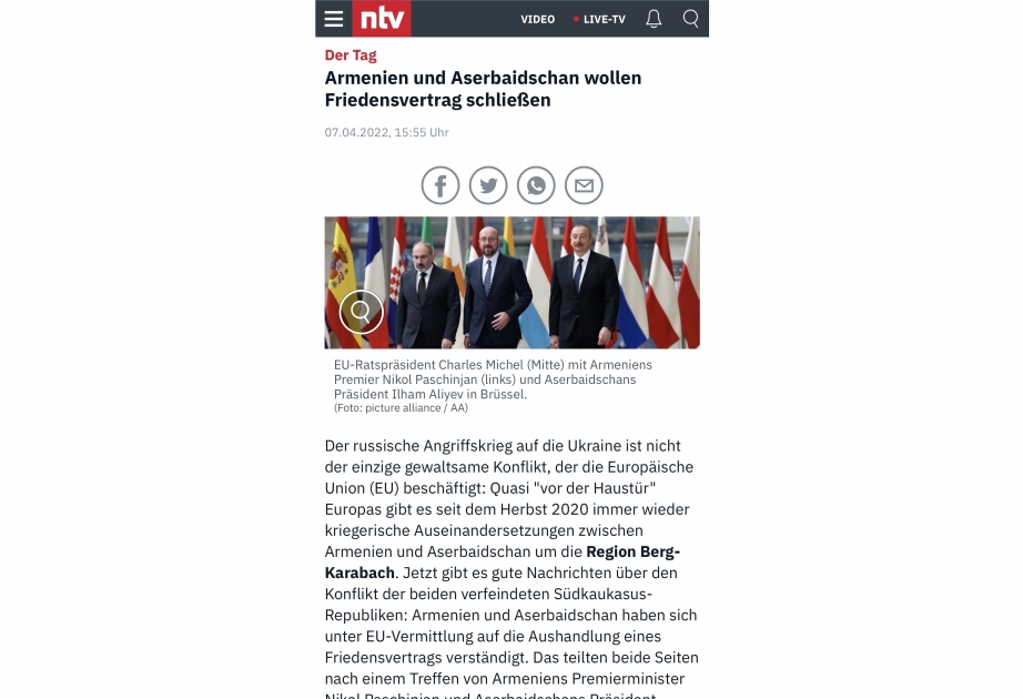 German newspaper highlights trilateral meeting of Azerbaijani President, President of European Council and PM of Armenia in Brussels