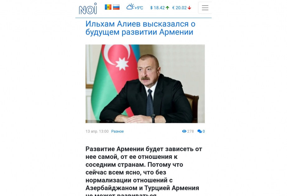 Moldova KİV-i Prezident İlham Əliyevin Qarabağa dair fikirlərinə geniş yer ayırıb