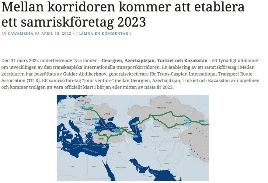 Swedish news portal highlights Trans-Caspian International Transport Route project