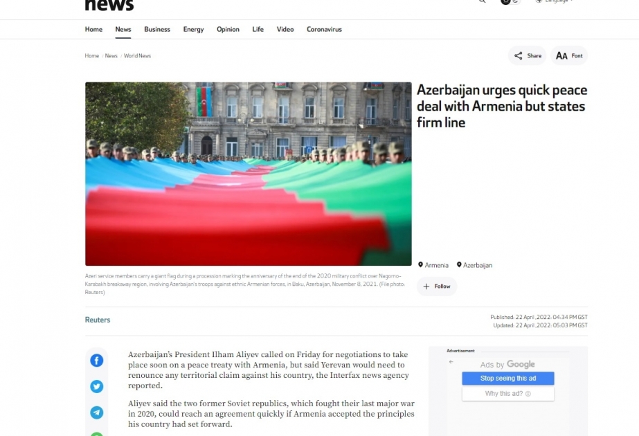 Al Arabiya TV Channel: Azerbaijan urges quick peace deal with Armenia but states firm line