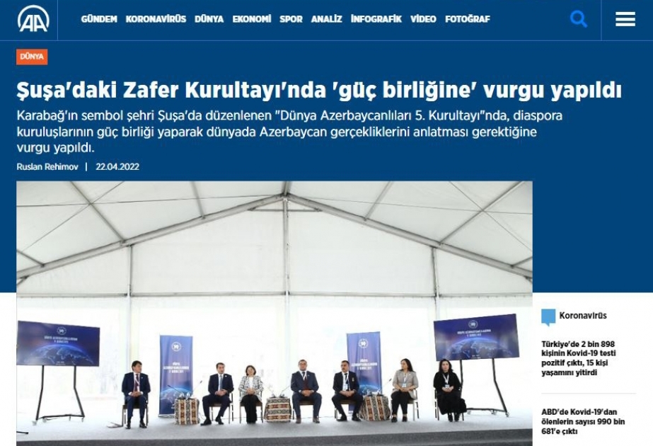 Dünya Azərbaycanlılarının V Qurultayı Türkiyə mediası tərəfindən geniş işıqlandırılıb