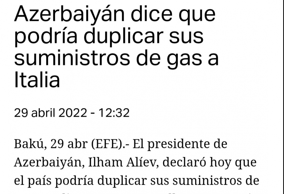 Испаноязычные издания пишут о намерении Азербайджана удвоить поставки газа в Италию