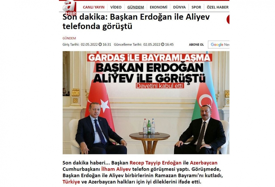 Azərbaycan və Türkiyə prezidentlərinin telefon danışığı qardaş ölkə mediasının diqqət mərkəzində olub