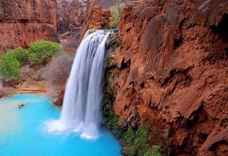 Havasu Falls - most famous of aqua-blue Havasupai Waterfalls in Arizona