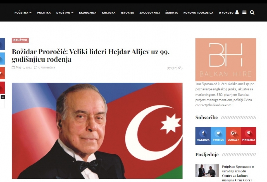 Monteneqro mediasında Heydər Əliyevin xilaskarlıq missiyasından bəhs edilib