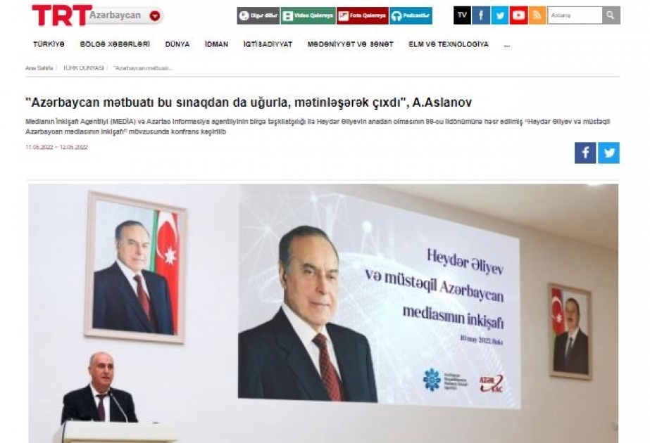 TRT-nin saytı “Heydər Əliyev və müstəqil Azərbaycan mediasının inkişafı” mövzusunda AZƏRTAC-da keçirilmiş konfransdan müfəssəl məlumat yayıb