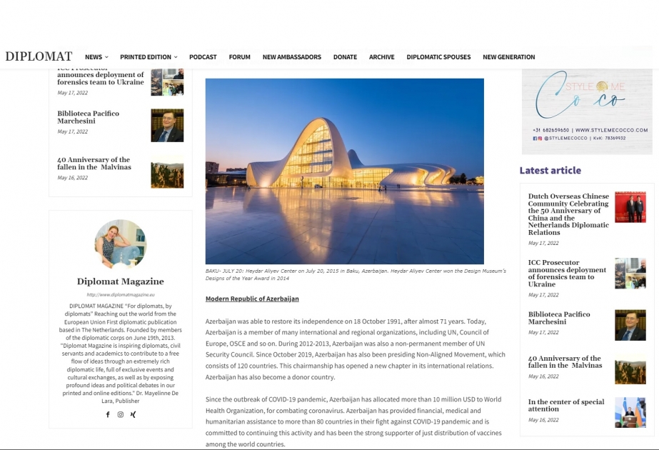 “Diplomat magazine” jurnalı Azərbaycanın Niderlanddakı səfirinin məqaləsini yayıb
