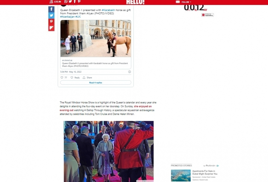 Se ha publicado un artículo en el sitio web británico sobre el regalo de un caballo de Karabaj por parte del presidente de Azerbaiyán a la reina Isabel II