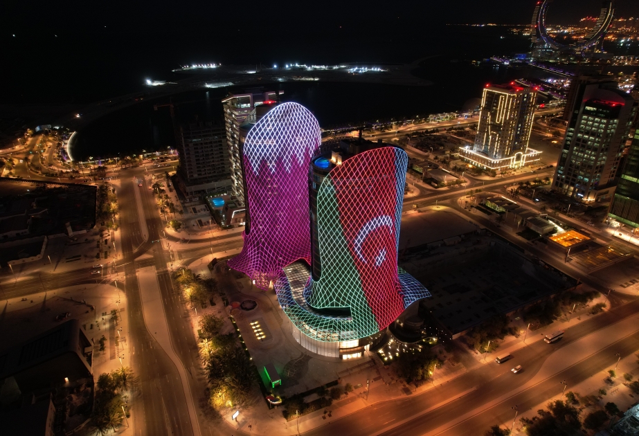 Doha’s Qatar Tower lit up with symbols of Azerbaijan