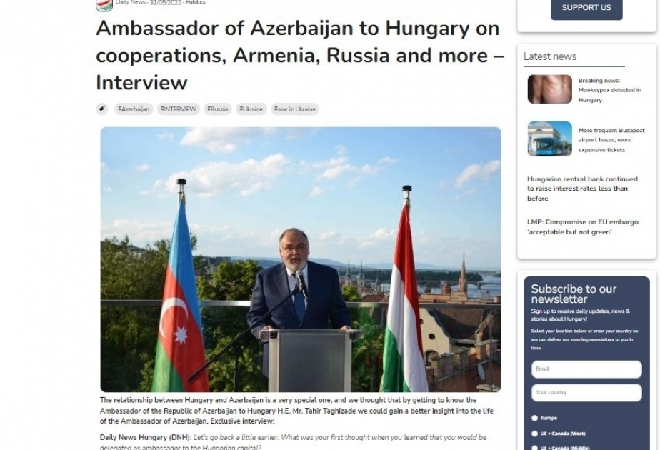 “Daily News Hungary” portalı Azərbaycanın və Macarıstanın strateji tərəfdaşlığı haqqında yazıb