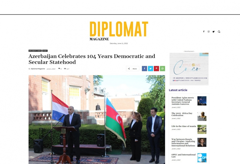 “Diplomat Magazine” jurnalında “Azərbaycan demokratiya və dünyəviliyinin 104 illiyini qeyd edir” adlı məqalə dərc olunub