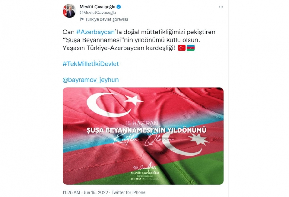 Nazir Mövlud Çavuşoğlu: Azərbaycan ilə müttəfiqliyimizi qüvvətləndirən Şuşa Bəyannaməsinin ildönümü mübarək olsun
