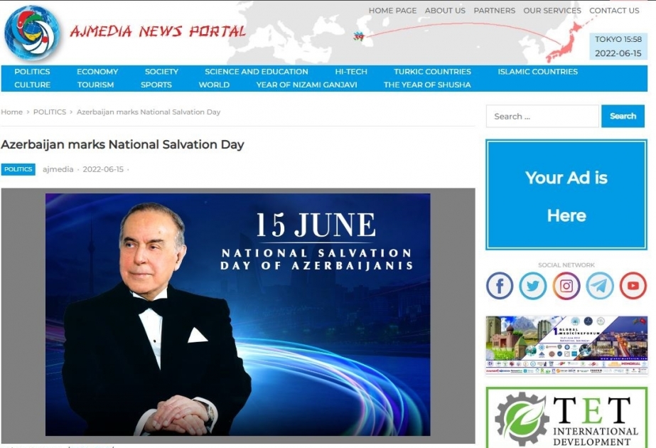 Yaponiya portalı Azərbaycanda Milli Qurtuluş Gününün qeyd olunması ilə bağlı məlumat yayıb