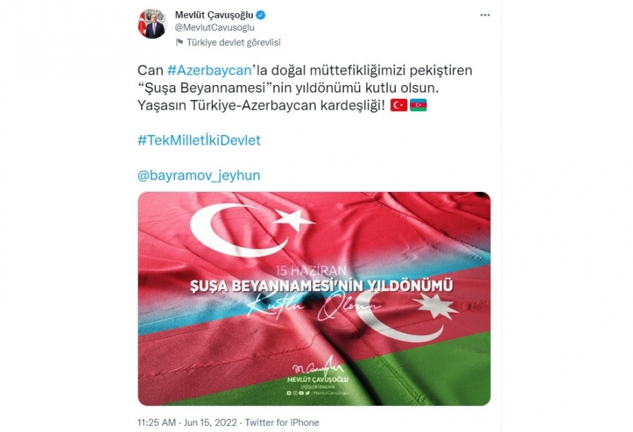 Mevlüt Çavuşoğlu comparte la publicación en el primer aniversario de la declaración de Shusha