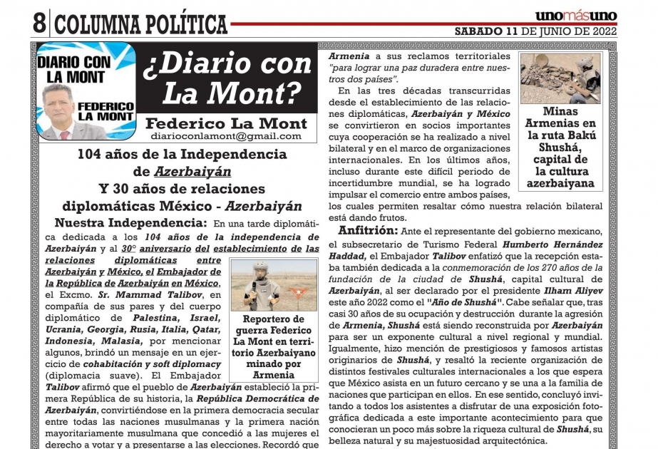 Influyente periódico mexicano “Uno más Uno” escribe sobre el 30º aniversario del establecimiento de relaciones diplomáticas entre Azerbaiyán y México