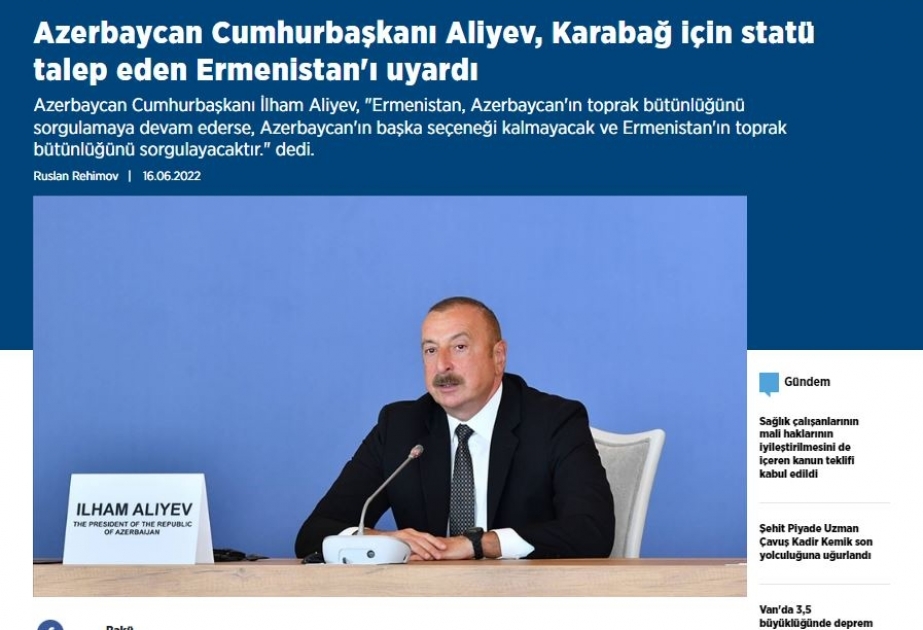 Türkiyə mediası: Prezident İlham Əliyev Ermənistana əsassız iddialarına görə bir daha sərt xəbərdarlıq etdi