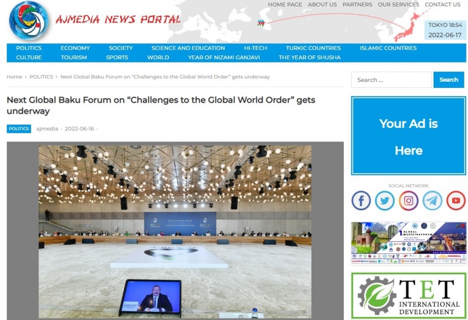 Yaponiyanın “ajmedia.jp” portalı IX Qlobal Bakı Forumu haqda məlumatlar dərc edib