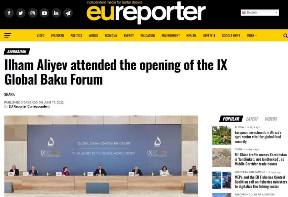 Una influyente publicación europea cita fragmentos del discurso pronunciado por el Presidente Aliyev en el 9º Foro Global de Bakú
