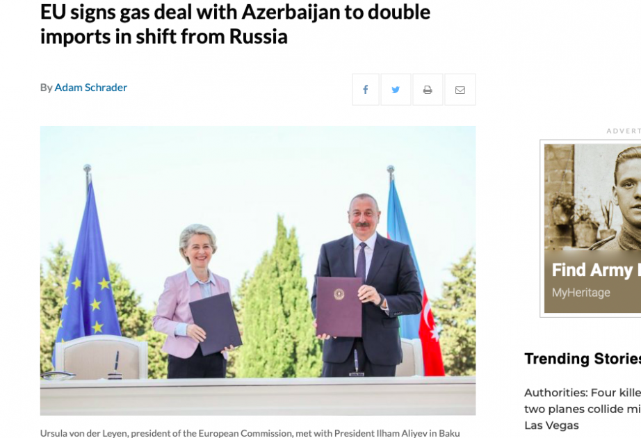 ABŞ mətbuatı Azərbaycan ilə Avropa İttifaqı arasında Avropaya qaz təchizatının artırılmasına dair sazişin imzalanması barədə yazır