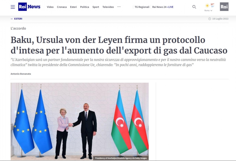 İtaliya saytları Azərbaycanla Avropa İttifaqı arasında imzalanan Strateji Tərəfdaşlığa dair Anlaşma Memorandumundan yazıb