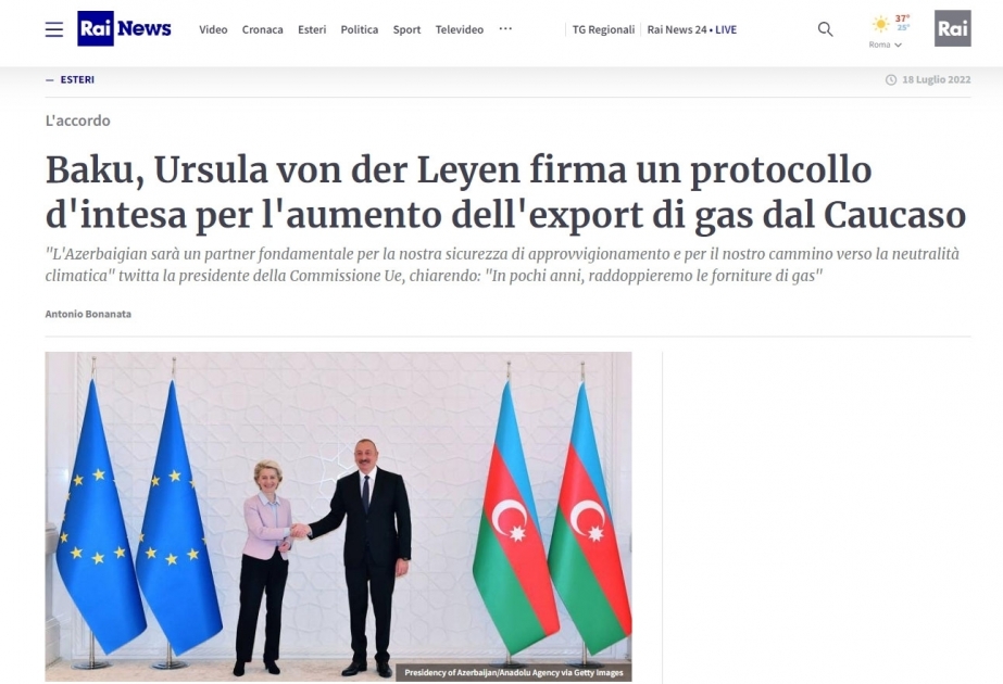На итальянских сайтах размещена информация о Меморандуме взаимопонимания по стратегическому партнерству, подписанному между Азербайджаном и Европейским Союзом
