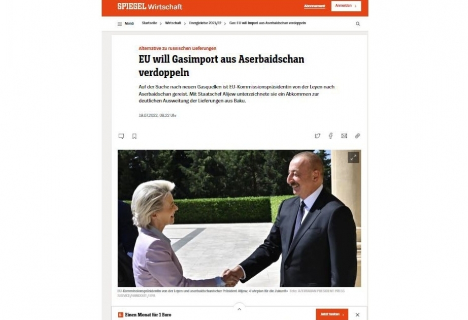 “Der Spiegel” jurnalı Aİ ilə Azərbaycan arasında Bakıda imzalanmış Memorandumu yüksək qiymətləndirib