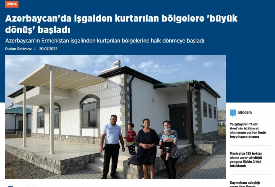 Anadolu Agentliyi: Prezident İlham Əliyevin qətiyyətlə söylədiyi “Qarabağa Böyük Qayıdış” başladı