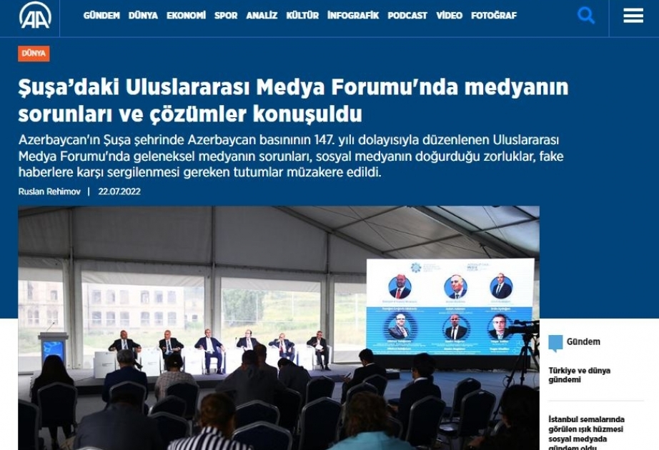 Anadolu Agentliyi Şuşada keçirilən Beynəlxalq Media Forumunu geniş işıqlandırıb