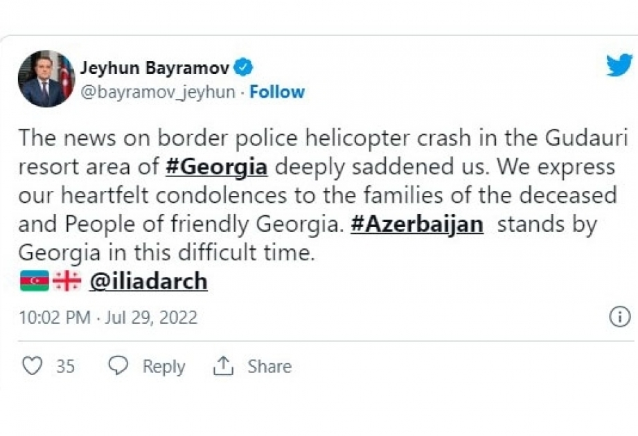 Le ministre des Affaires étrangères azerbaïdjanais exprime ses condoléances à son homologue géorgien suite à un accident d'hélicoptère meurtrier