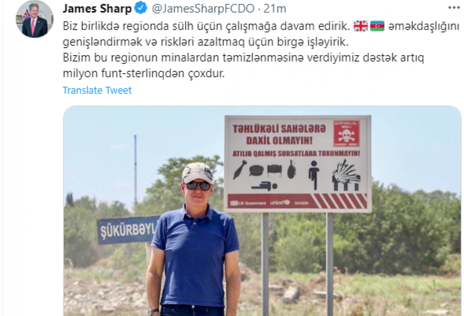 Ceyms Şarp: Britaniya bölgədə minatəmizləmə işlərinə 1 milyon funt-sterlinqdən çox vəsait yönəldib