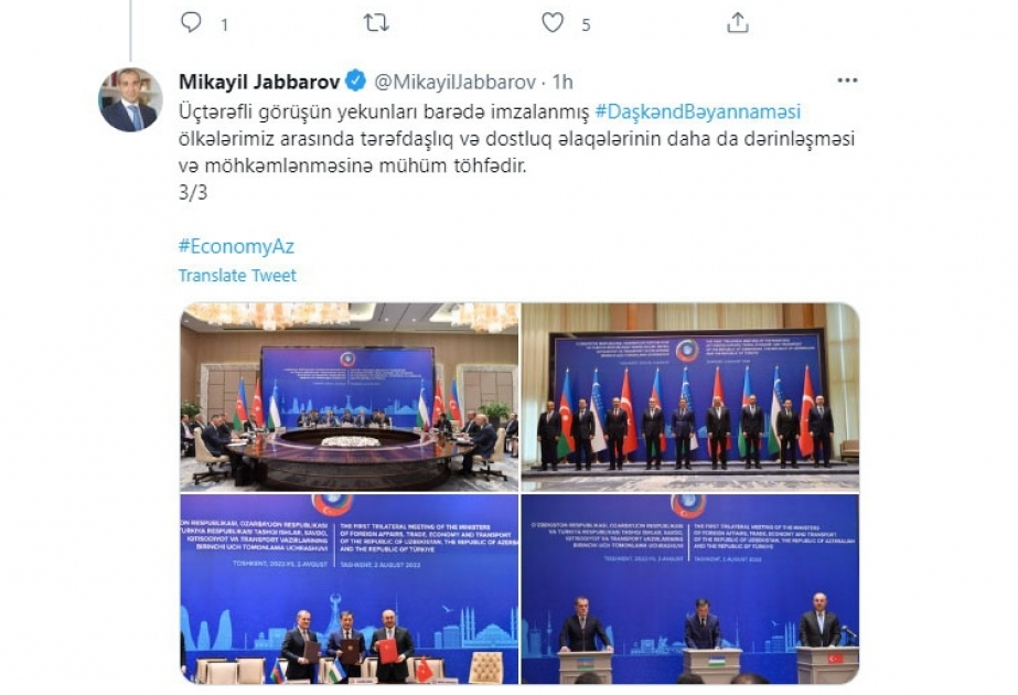 Mikayıl Cabbarov: Daşkənd Bəyannaməsi ölkələrimiz arasında tərəfdaşlıq əlaqələrinin daha da möhkəmlənməsinə mühüm töhfədir