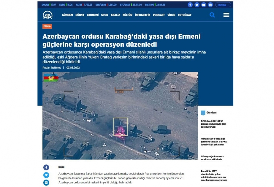 Турецкие СМИ написали об операции «Возмездие», проведенной Азербайджанской армией против незаконных армянских формирований