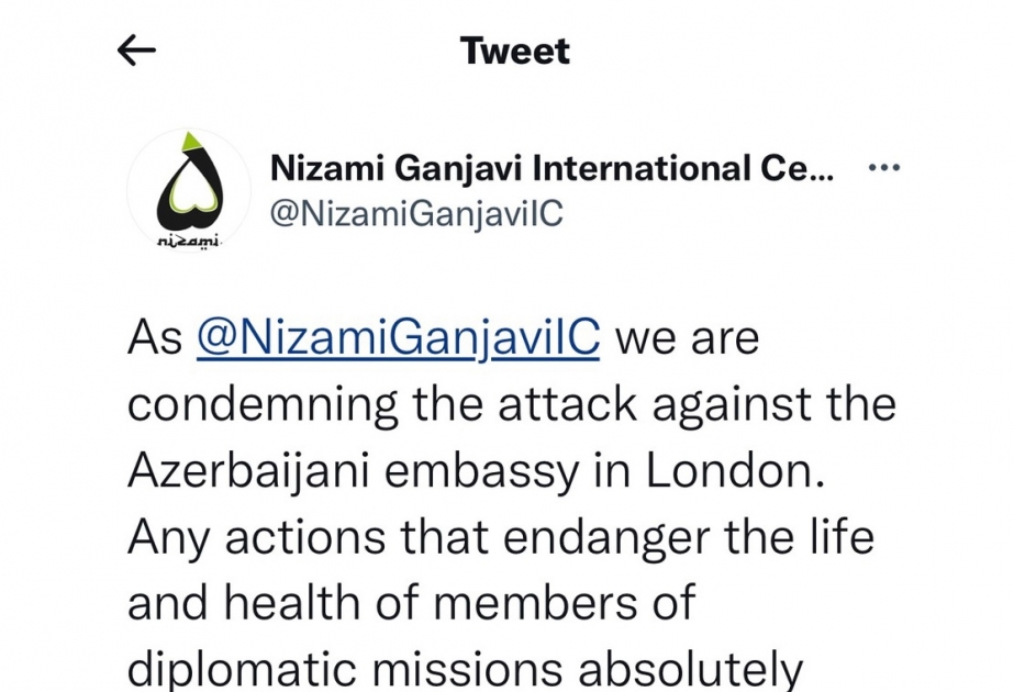 Nizami Gəncəvi Beynəlxalq Mərkəzi Azərbaycanın Londondakı səfirliyinə hücumu pisləyib
