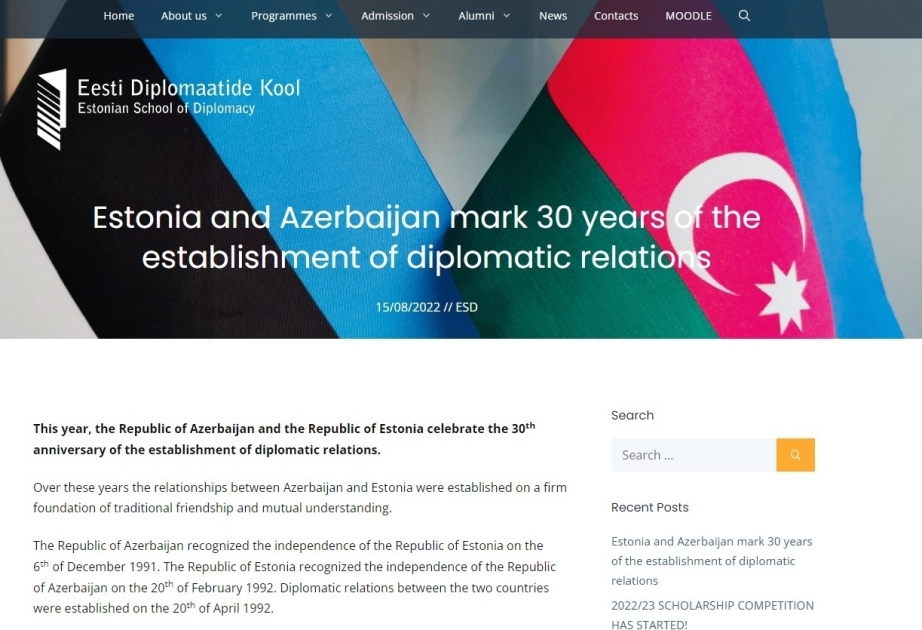На сайте Эстонской дипломатической школы опубликована статья о 30-летии отношений с Азербайджаном