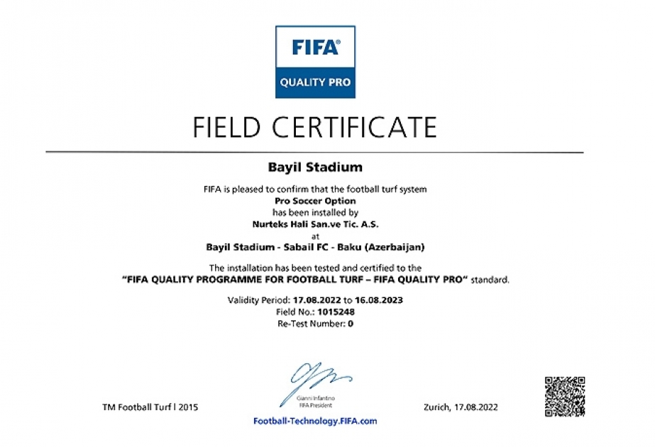 “ASCO Arena”da quraşdırılmış süni ot örtüyü FIFA-nın “Quality Pro” sertifikatına layiq görülüb