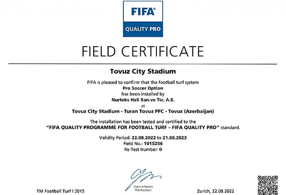 Tovuz şəhər stadionunda quraşdırılmış süni ot örtüyü FIFA-nın “Quality Pro” sertifikatına layiq görülüb