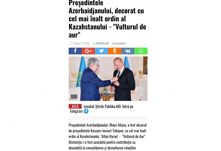 Moldova KİV-ləri Prezident İlham Əliyevin Qazaxıstanın “Qızıl qartal” ali ordeni ilə təltif olunmasına geniş yer ayırıb