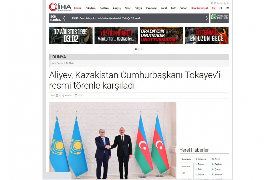 Türkiyə mediası Prezident İlham Əliyevin Qazaxıstanın “Qızıl qartal” ali ordeni ilə təltif olunmasına geniş yer ayırıb