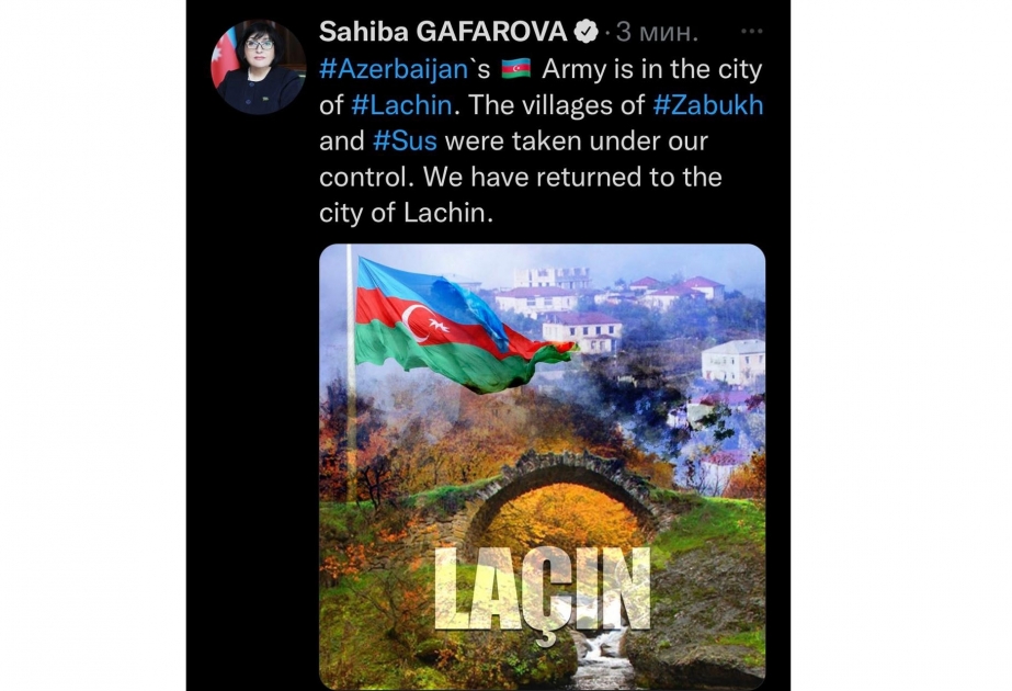 Председатель Милли Меджлиса поделилась на официальной странице в Twitter публикацией о размещении Азербайджанской армии в городе Лачин